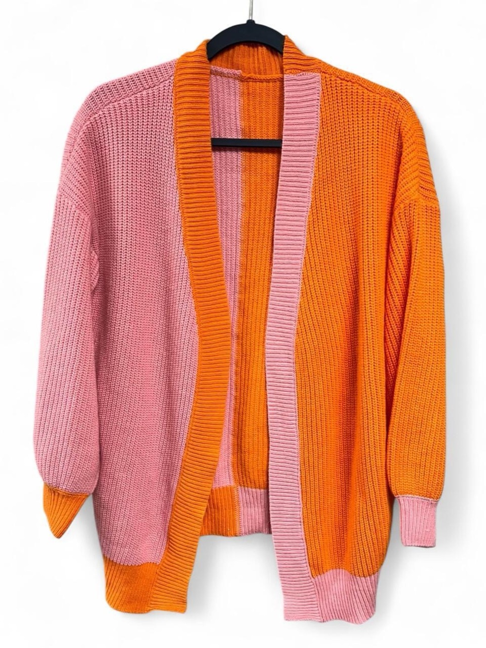Pink & Orange Colorblock Open Front Knit Cardigan Sweater Size Small